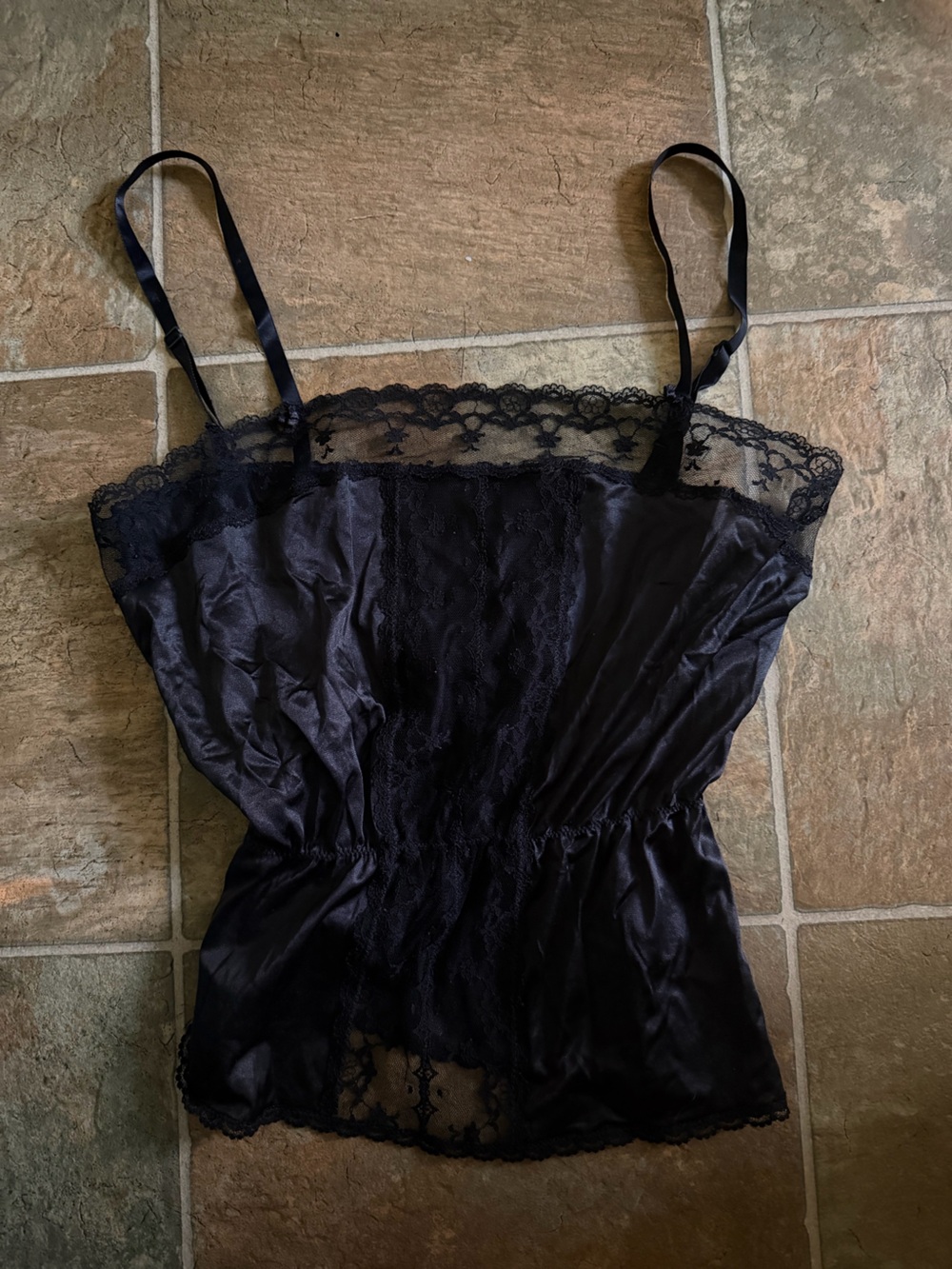 Black Lace-Trim Satin Chemise Top with Adjustable Straps